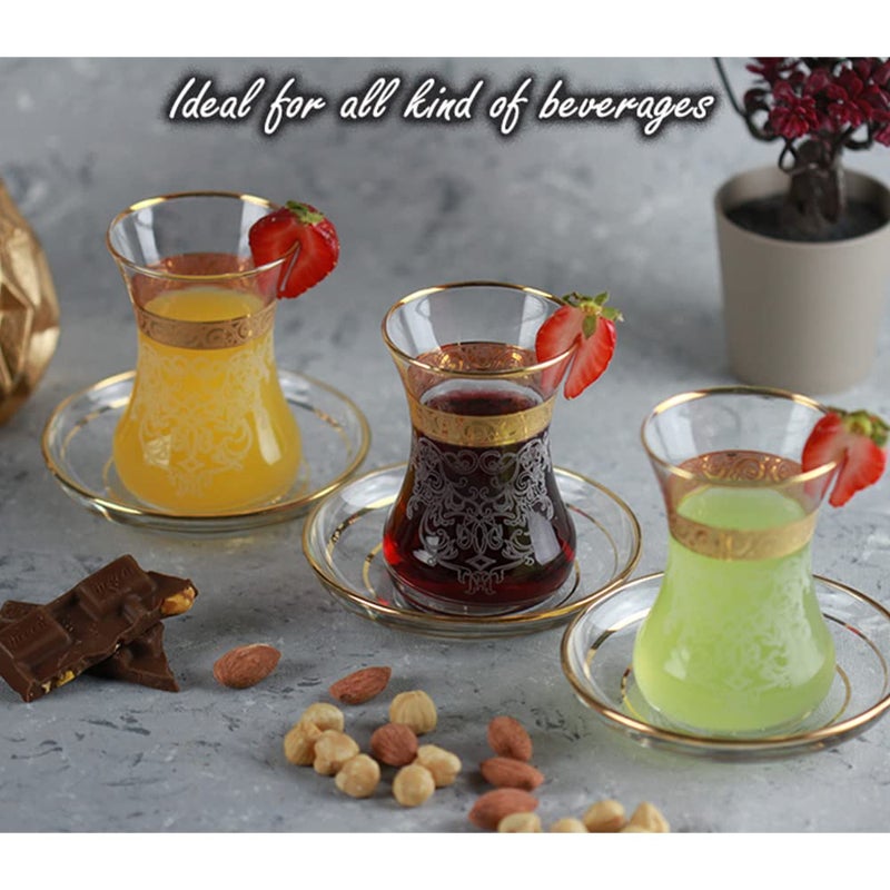 Vissmarta Vintage Turkish Tea Glasses Cups Saucers Set of 6 for Women Glassware Drinking Party Arabic Style Teacups Moroccan Persian Coffee Adults Fancy Decorative Tray Gold Drinkware - Image 3